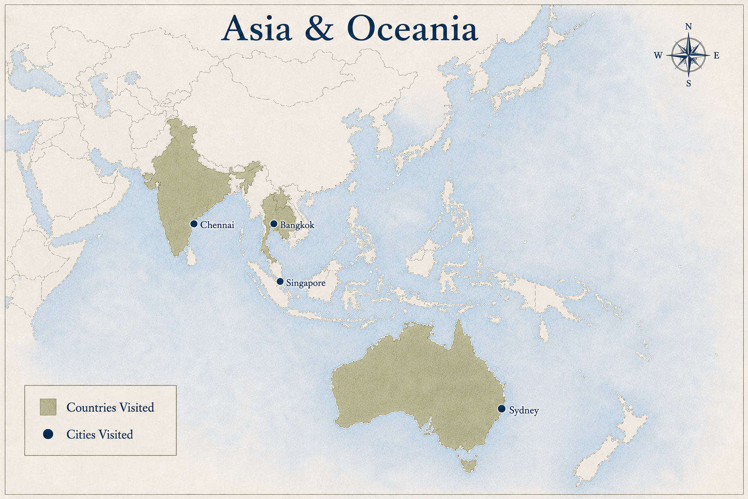 Map of the Asia & Oceana showing places I've been