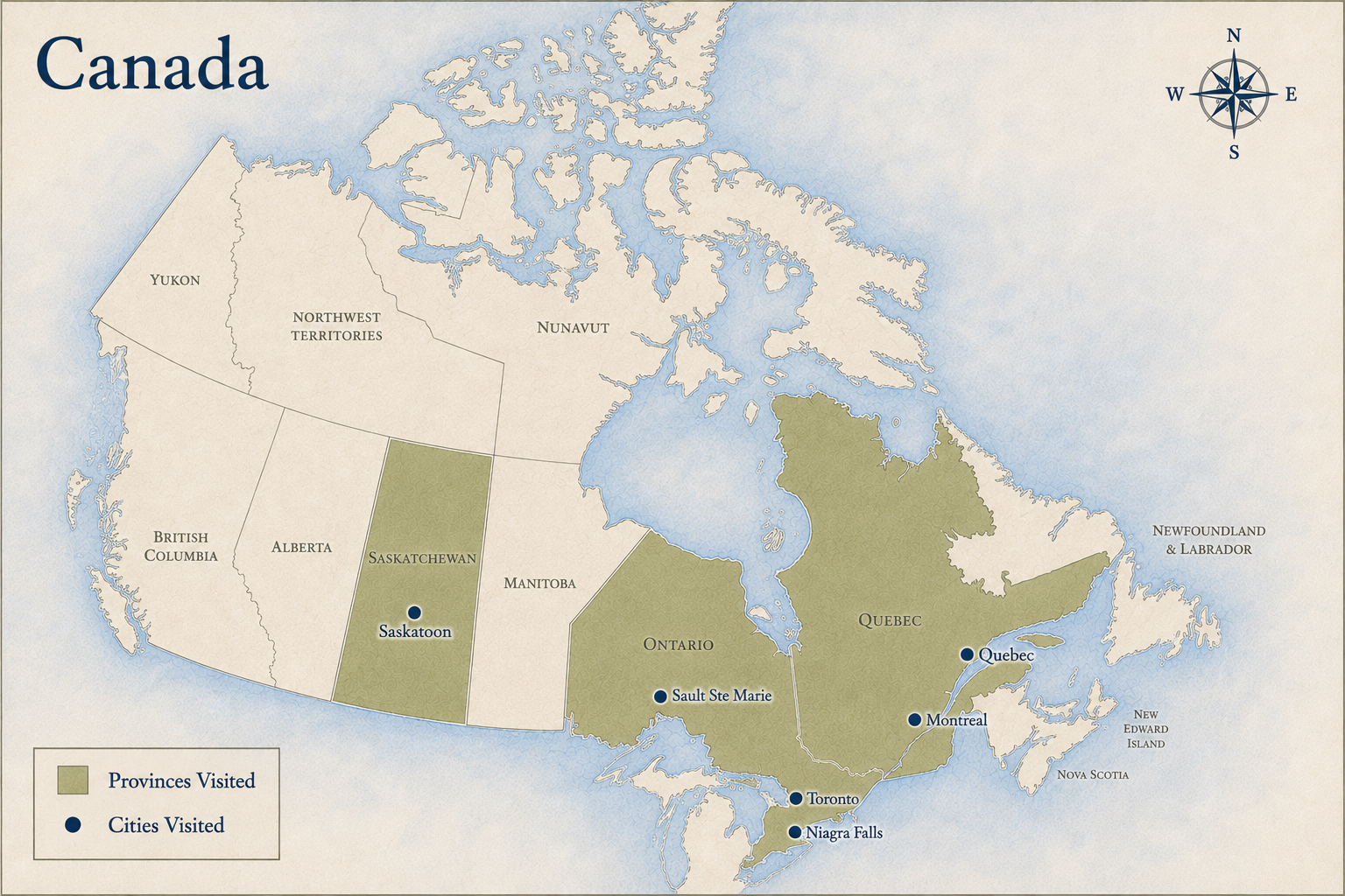 Map of the Canada showing places I've been