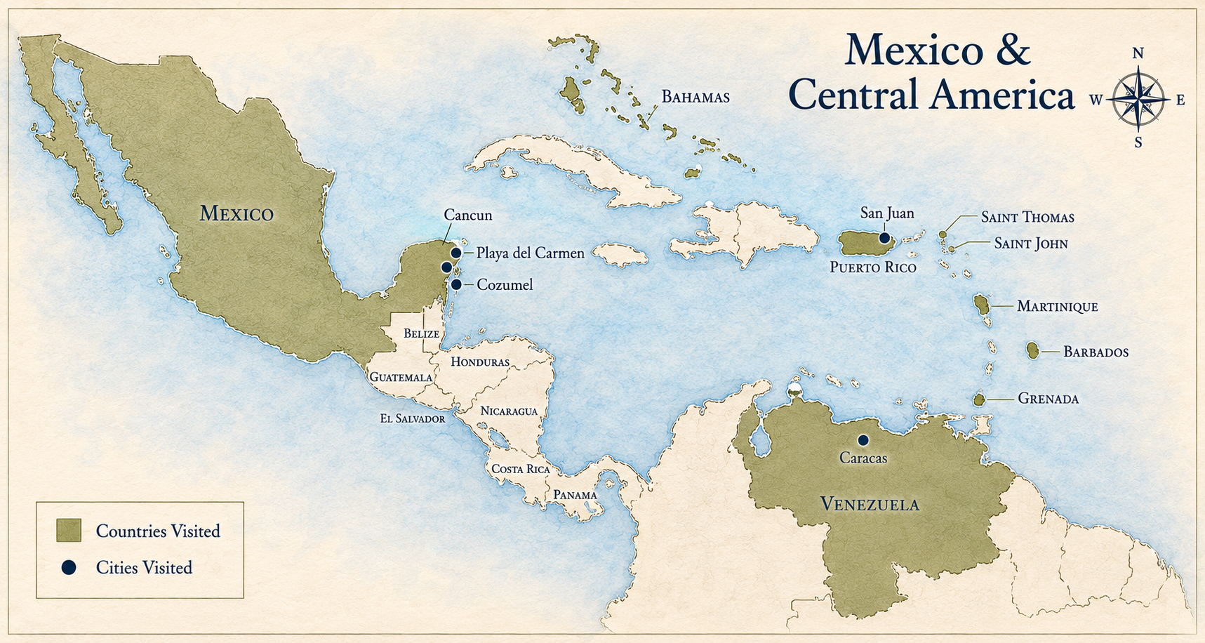 Map of the Mexico, Central, & South America showing places I've been